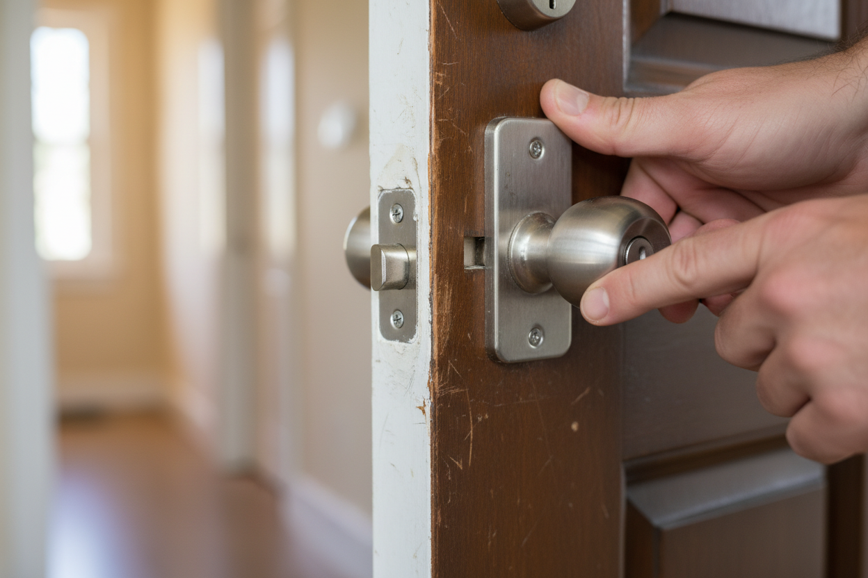 Problem photo – Door won’t latch (strike plate alignment, hinge tweaks, swollen door fixes)