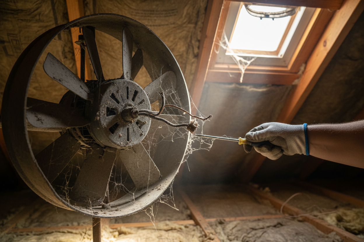 Problem photo – Is your attic fan unresponsive or making disturbing noises, failing to vent hot air from your attic? Learn to troubleshoot common issues and restore crucial attic ventilation to keep your home cooler and save on energy bills.