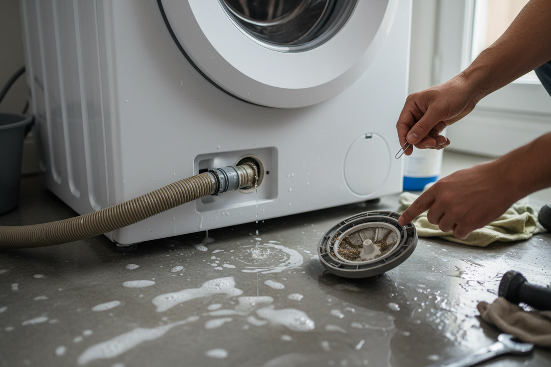 Problem photo – Don't let a leaky or poorly draining washing machine ruin your laundry room; discover common causes like loose hoses, clogged filters, or pump malfunctions, and learn how to perform initial troubleshooting.