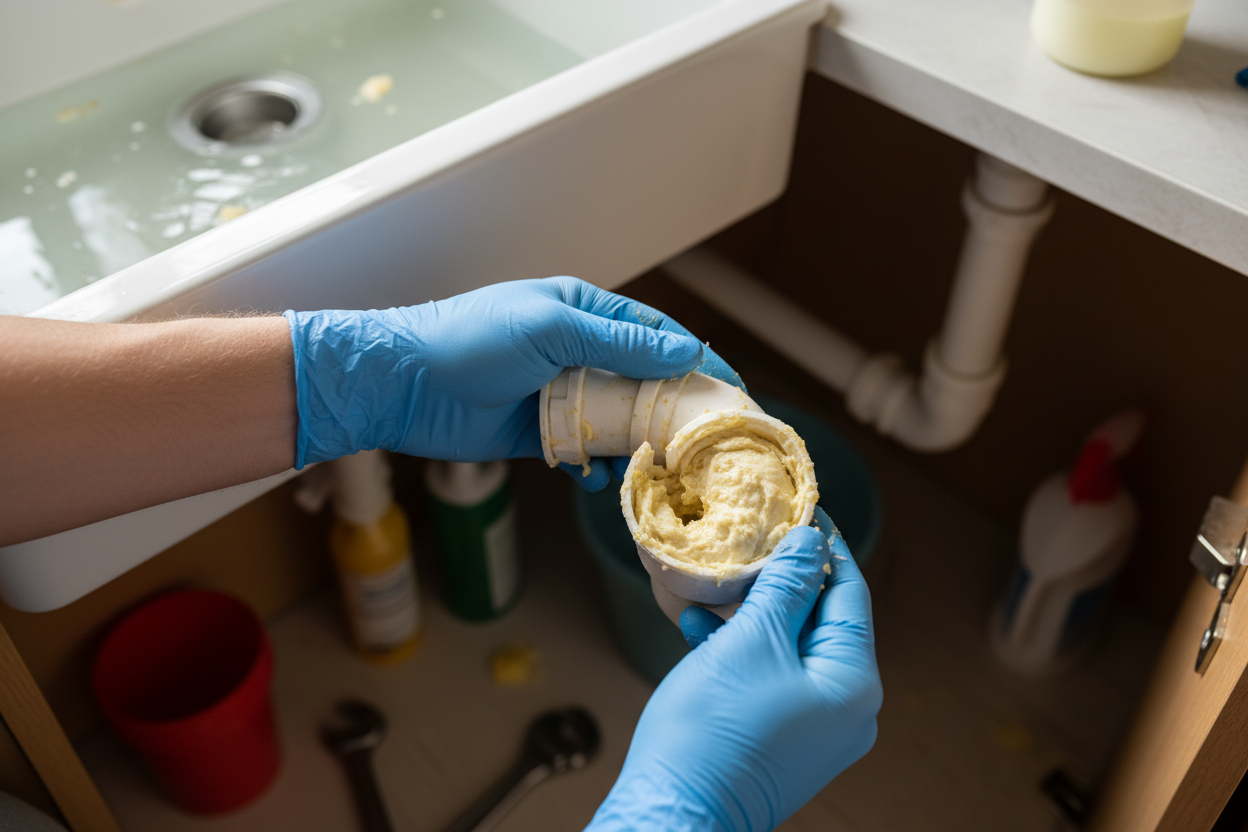 Problem photo – Clogged kitchen sink drain (grease buildup, trap issues, slow drain)