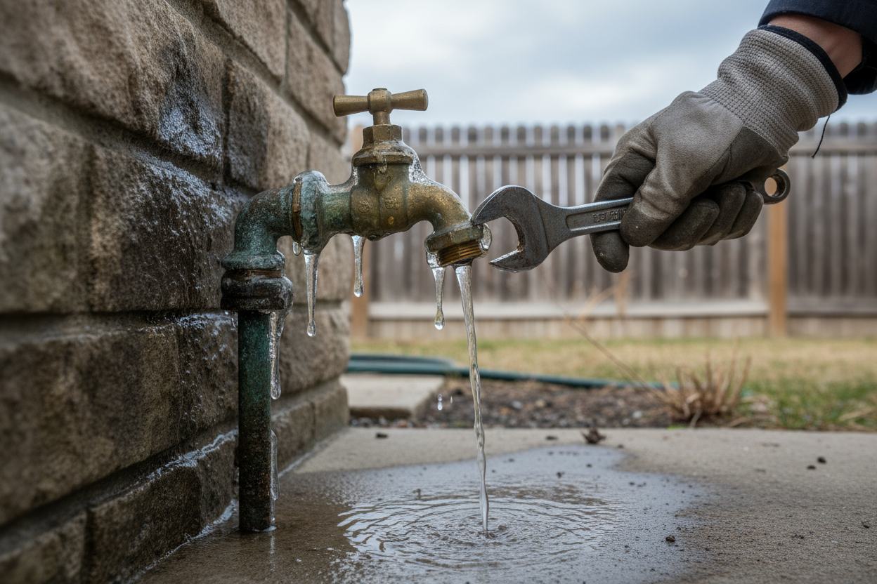 Problem photo – A leaky outdoor faucet or hose bib can waste water and cause damage; learn how to identify the source of the leak and make simple repairs to prevent costly winter freezing issues.