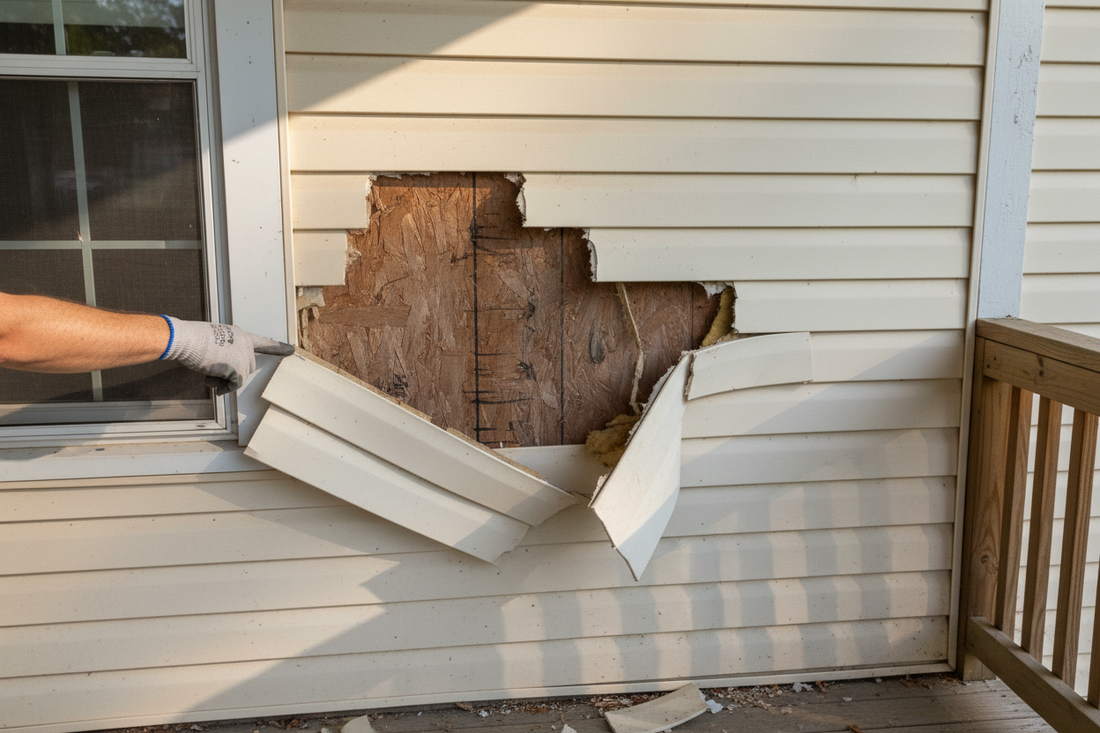 Problem photo – Is your home's siding showing signs of warping, loosening, or missing pieces, exposing your home to the elements? Learn how to assess common damage and take immediate steps to protect your exterior from weather and further deterioration.