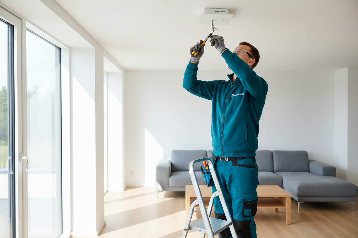 Photorealistic image of a professional electrician installing a standard ceiling light in a bright modern living room. The electrician is wearing construction-style workwear in teal color (#029DB2), not medical clothing, with a small Mester24 logo on the jacket. The room is clean, well-lit with natural daylight, white walls, and a simple ceiling light fixture. The scene looks safe, professional, and realistic.